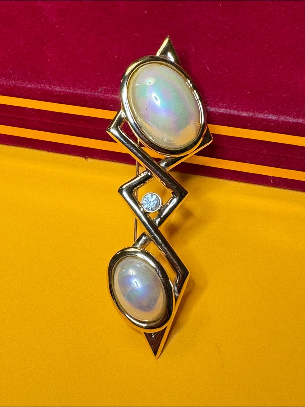 Pierre Cardin Gold-Tone Brooch with Opalescent Cabochons and Clear Crystal - Picture 13 of 15